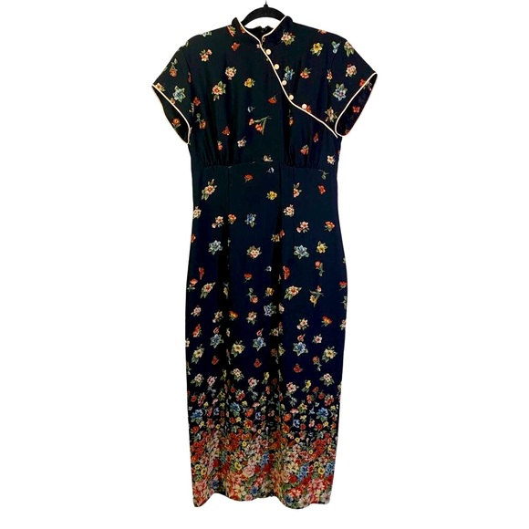 DW3 David Warren Dresses & Skirts - DW3 DAVID WARREN Dress‎ 8 Vintage Mandarin Floral Back Slit Cream Piping Lined